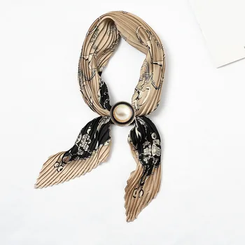 

Flowers Women Silk Pleated Scarf Crinkle Bright Print Foulard Small Neck Bandana Crumple Square Headwear Pearl buckle