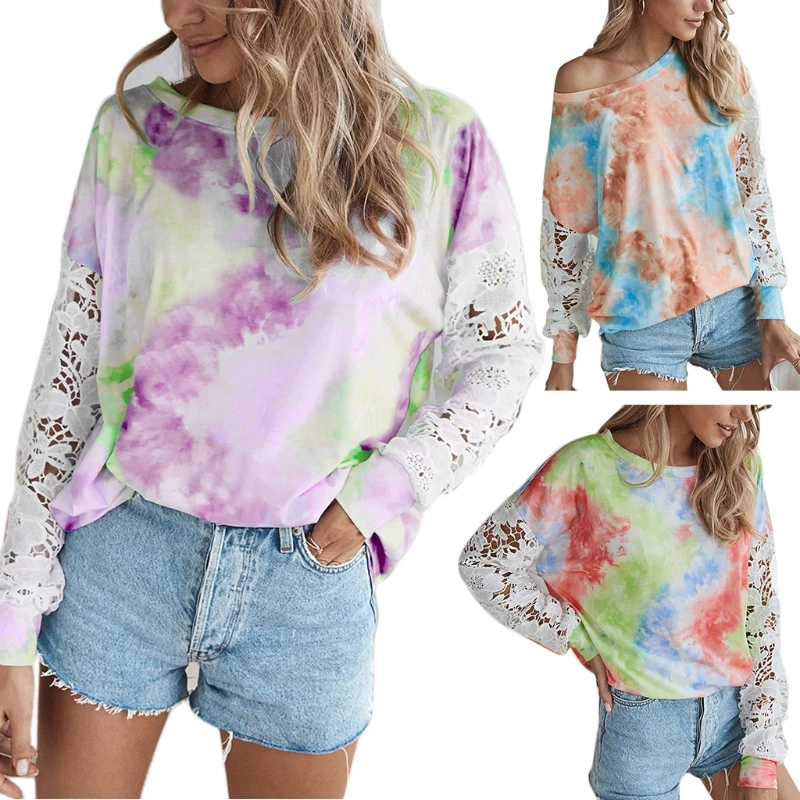 

Women Crochet Floral Lace Patchwork Long Sleeve T-Shirt Round Neck Colorful Tie-Dye Sweatshirt Casual Loose Hollow Pullover Tops