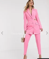 Ternos de escritório das mulheres cor de rosa fino ajuste blazer calças cor sólida ternos das senhoras manga comprida + calças 2 pçs define calças de jaqueta sob medida