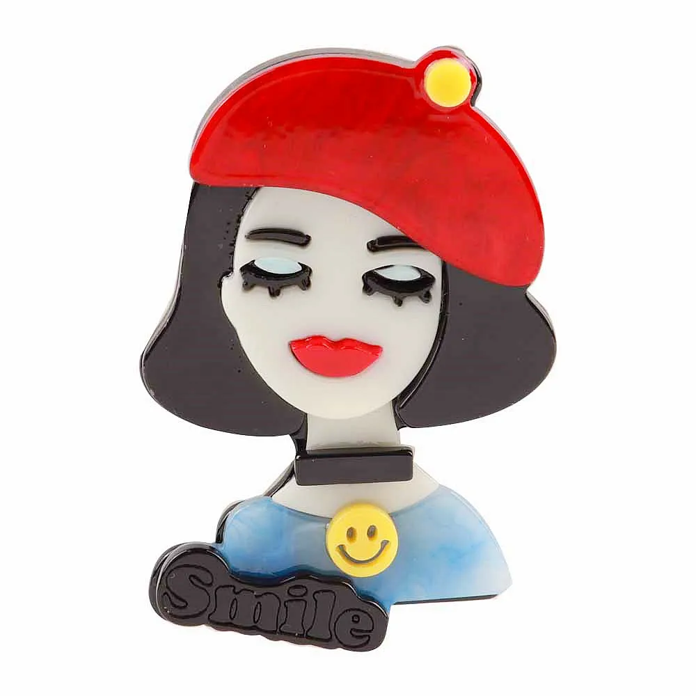 New Cute Girl With Red Hat Acrylic Brooch For Women Smile Lady Resin