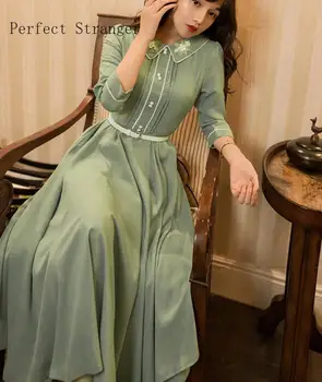 

2019 Autumn New Arrival Retro High Quality Elegant Peter Pan Collar Flower Embroidery Three-quarter Sleeve Woman Long Dress