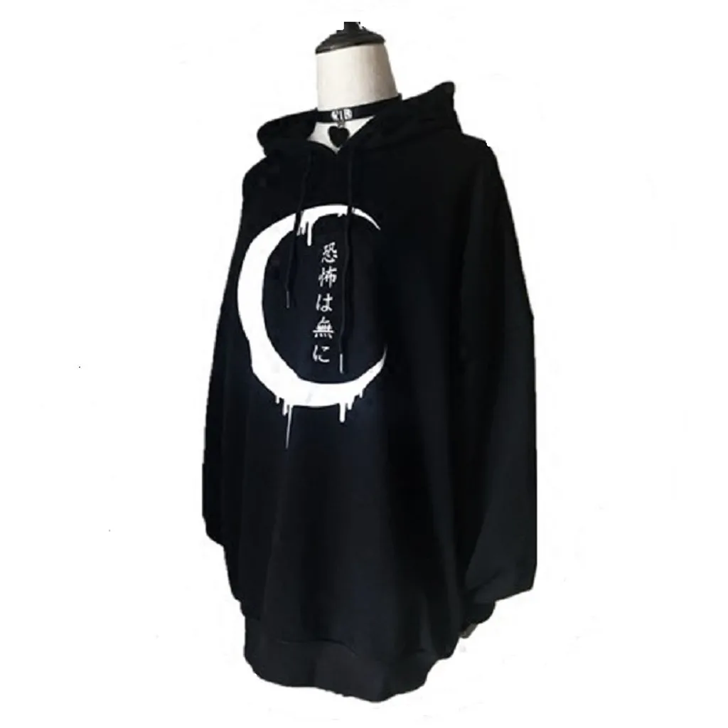 Women Oversized Hoodies Gothic Punk Moon Letter Print Sweatshirts Autumn Winter Long Sleeve Black Hoodie Sweatshirt Outwear#Q