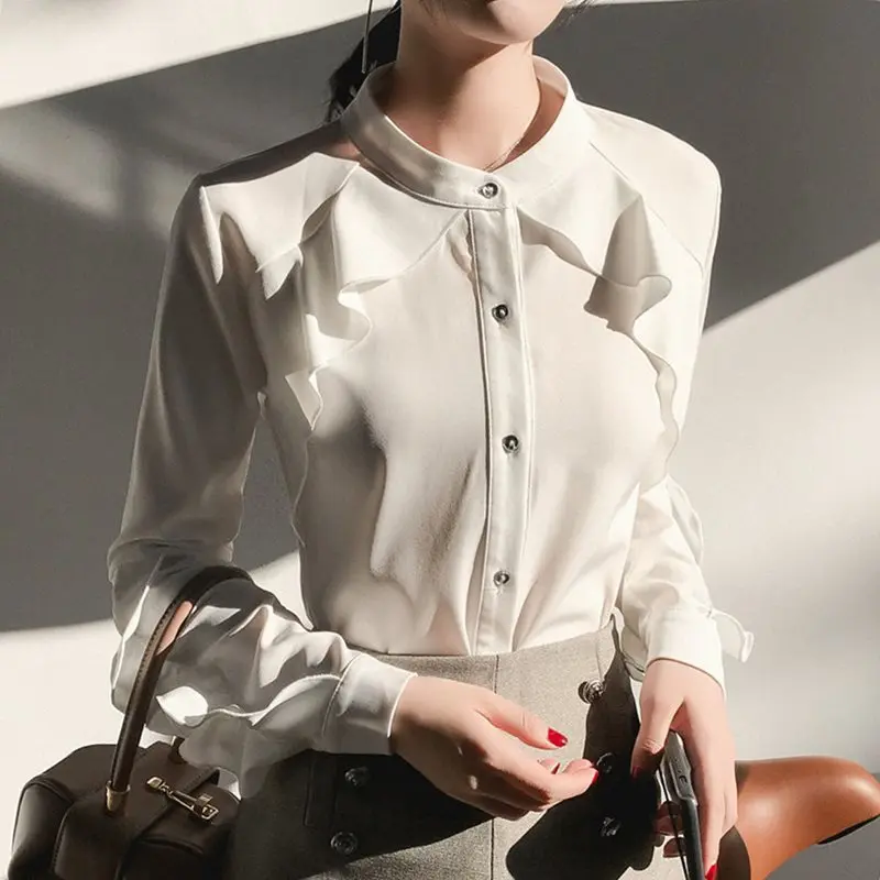 

Stylish Tops Autumn Ruffled Blouse Women Long Sleeve White Shirts Korean Office Ladies Japan Female Casual Buttons Street Blusas