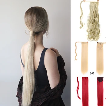 

MUMUPI 24inchs Straight fake hair extension clips in hair round band ponytail wig brown blond red wig synthetic fiber