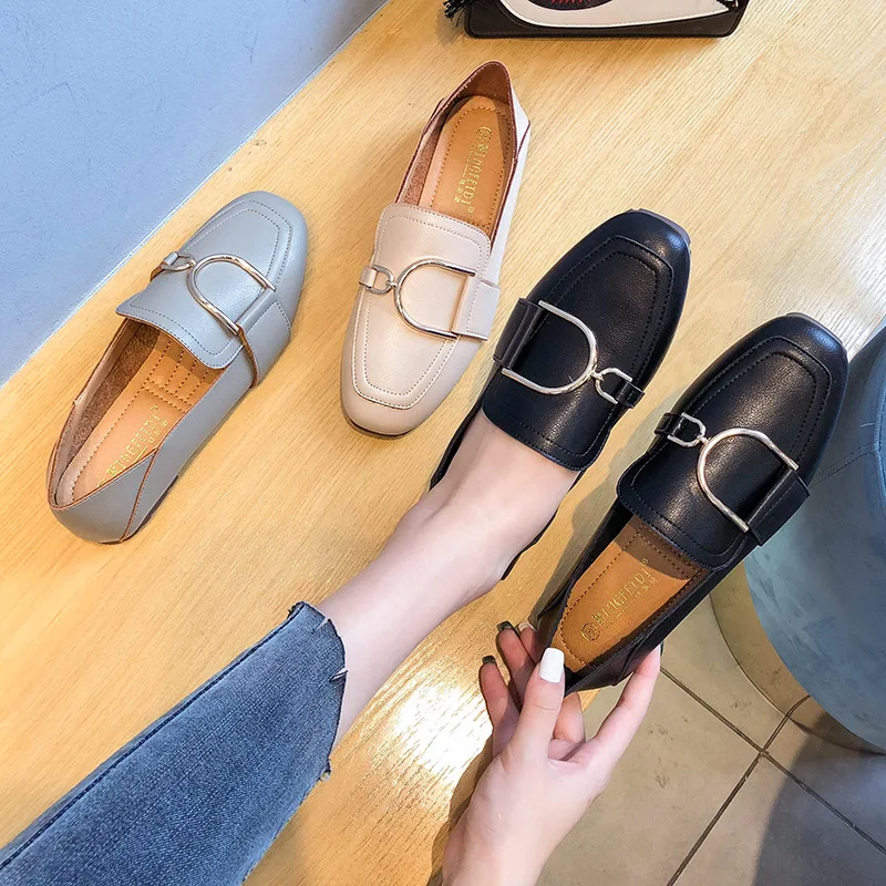 

Autumn Winter Maxi Size 41 42 Shoes Woman Mules Moccasins Female Slip On Metal Buckle Peas Loafers PU Leather Career Office Flat