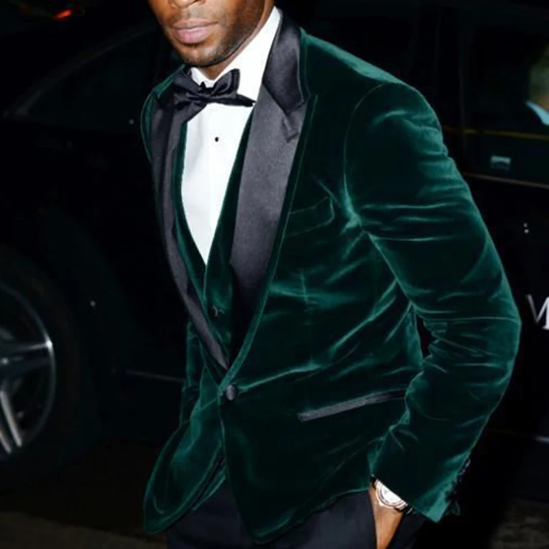 

Velvet Slim Fit Men Suits for Prom 2020 Black Peaked Lapel Dark Green Blazer 3 Piece Groom Wedding Tuxedos Mens Stage Clothes
