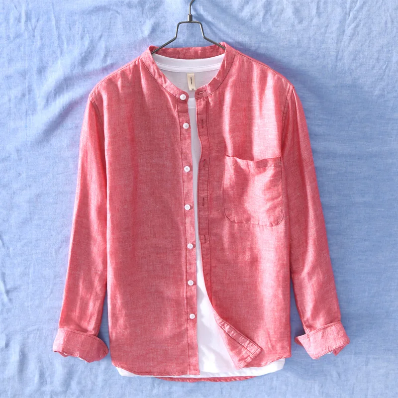 Linen Shirts Men Comfortable Breathable Natural Casual Shirt 2020 NEW Long Sleeve Pink | Мужская одежда