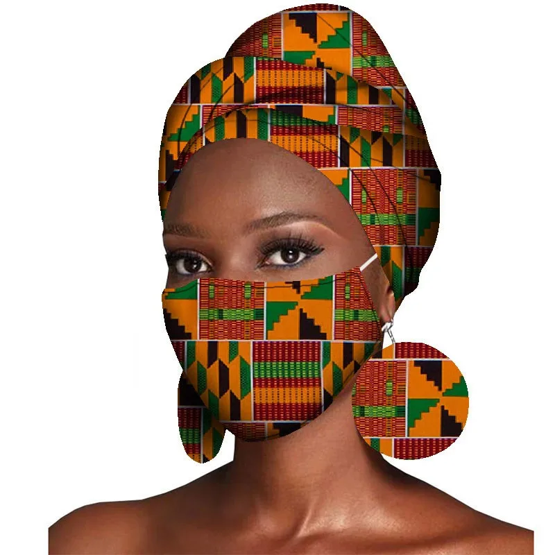 

3 Pieces Set African Headscarf Print Wax Ankara Fabric Headwrap Set Side Headscarf Bracelet and Earrings Wyb409