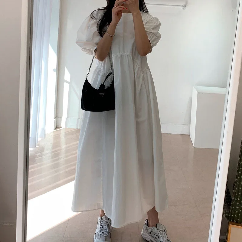 2020 Summer New Irregular Elegant White Gray Dress Fashion O-Neck Pleated Dresses Female Vintage Puff Sleeve Female Dress