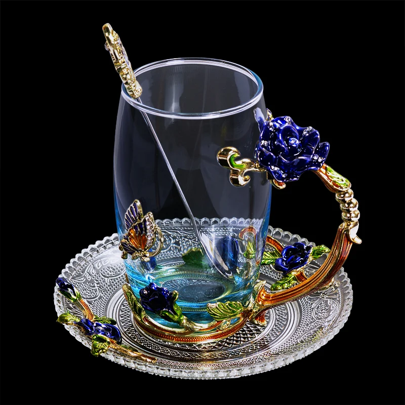 High With Tray Голубая роза, эмалированная Хрустальная чашка, цветочный чай, стекло высокого качества, стеклянная чашка для воды, кружка в цветочек с рукояткой, идеальный подарок для любимой свадьбы - Цвет: High With Tray