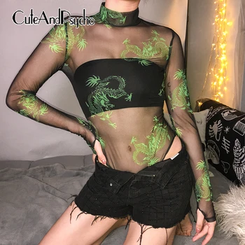 

2019 Mesh Neon Green Dragon Print Bodycon Bodysuits Transparent See Through Women Rompers Long Sleeves Jumpsuits Cuteandpsycho
