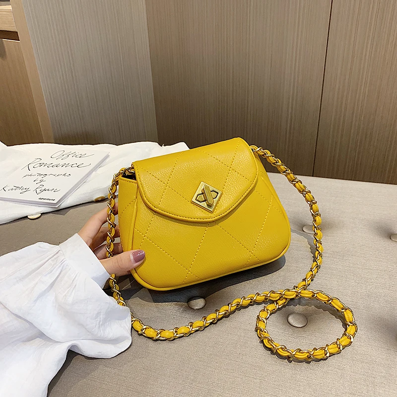 

2019 PU Leather Women Messenger Bag Plaid Ladies Crossbody Bag Chain Trendy Candy Color sweet Small Flap Shopping Handbag yellow