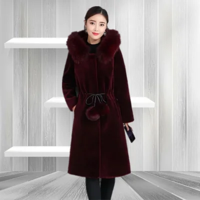 wine red Новая женская зимняя куртка из искусственного меха норки, модная однотонная куртка с капюшоном и меховым воротником, большие размеры, тонкая женская куртка из искусственного меха, f1780 - Цвет: wine red