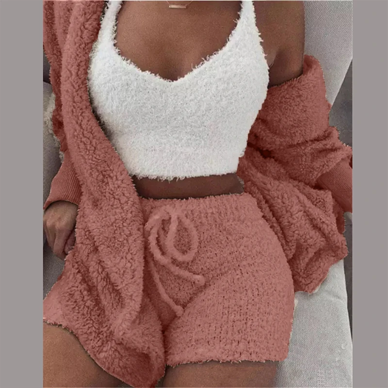 Three Piece Sexy Fluffy Outfits Plush Velvet Hooded Cardigan Coat+Shorts+Crop Top Women Tracksuit Sets Casual Sports Sweatshirt plus size jogger set Women's Sets