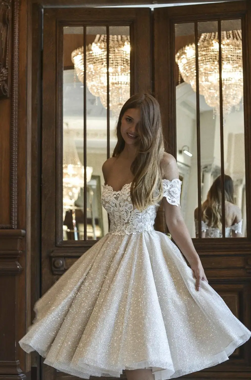 LORIE Short Wedding Dresses Lace Applique Shiny Bridal Gown Princess Party  Dress Off Shoulder Beach Glitter Gown Customized Gown - AliExpress 320