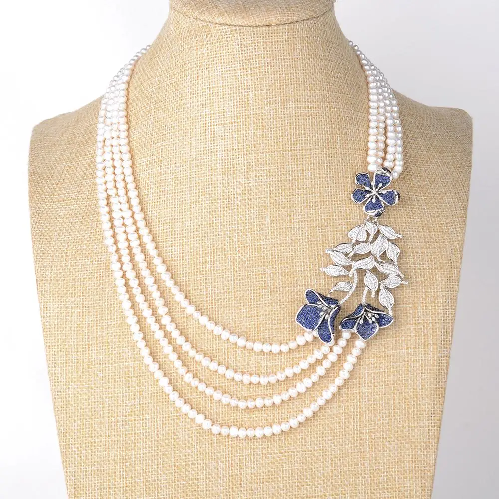 

20" 4 Strands White Pearl Necklace CZ Flower Pendant