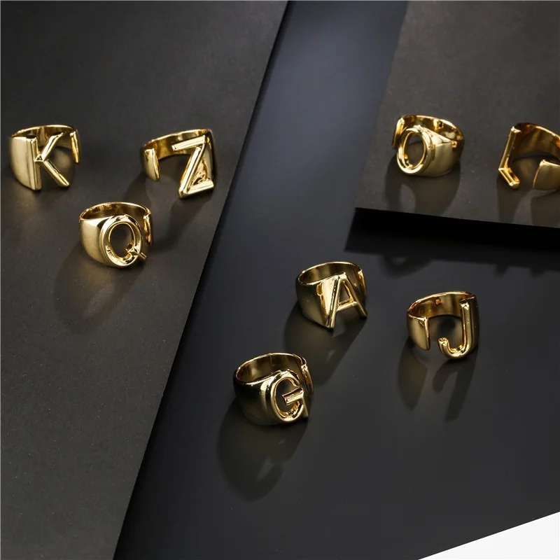 Gold Color Ring Finger Ring Adjustable Rings A-Z Letter Metal Adjustable Opening Ring Initials Name Alphabet Female Party Chunky Wide Trendy Jewelry