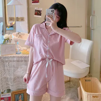 

Pajamas Women's Summer Cotton Short-Sleeved Shorts Korean-Style Sweet Cute Cotton Homewear Set Pyjamas Women women pajamas set