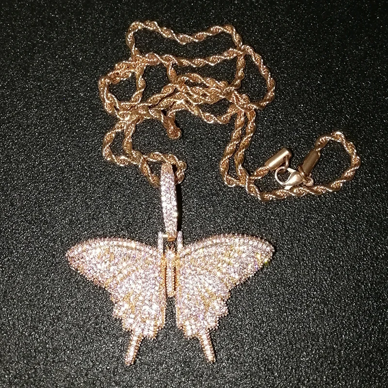 Микро проложили AAA+ кубический цирконий Bling Iced Out Бабочка Подвески ожерелье для женщин мужчин хип хоп рэппер ювелирные изделия розовое золото серебро
