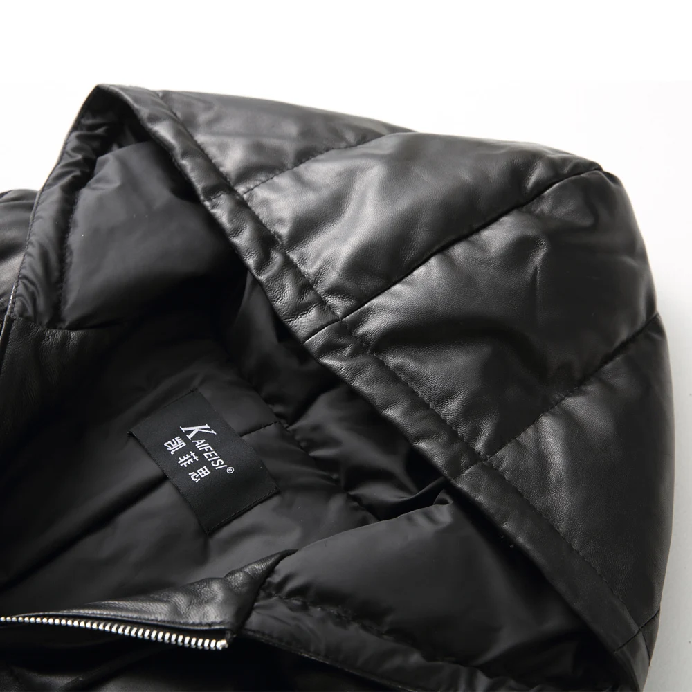 Женский пуховик из натуральной кожи с капюшоном размеры до 4xl|Кожаные куртки| |