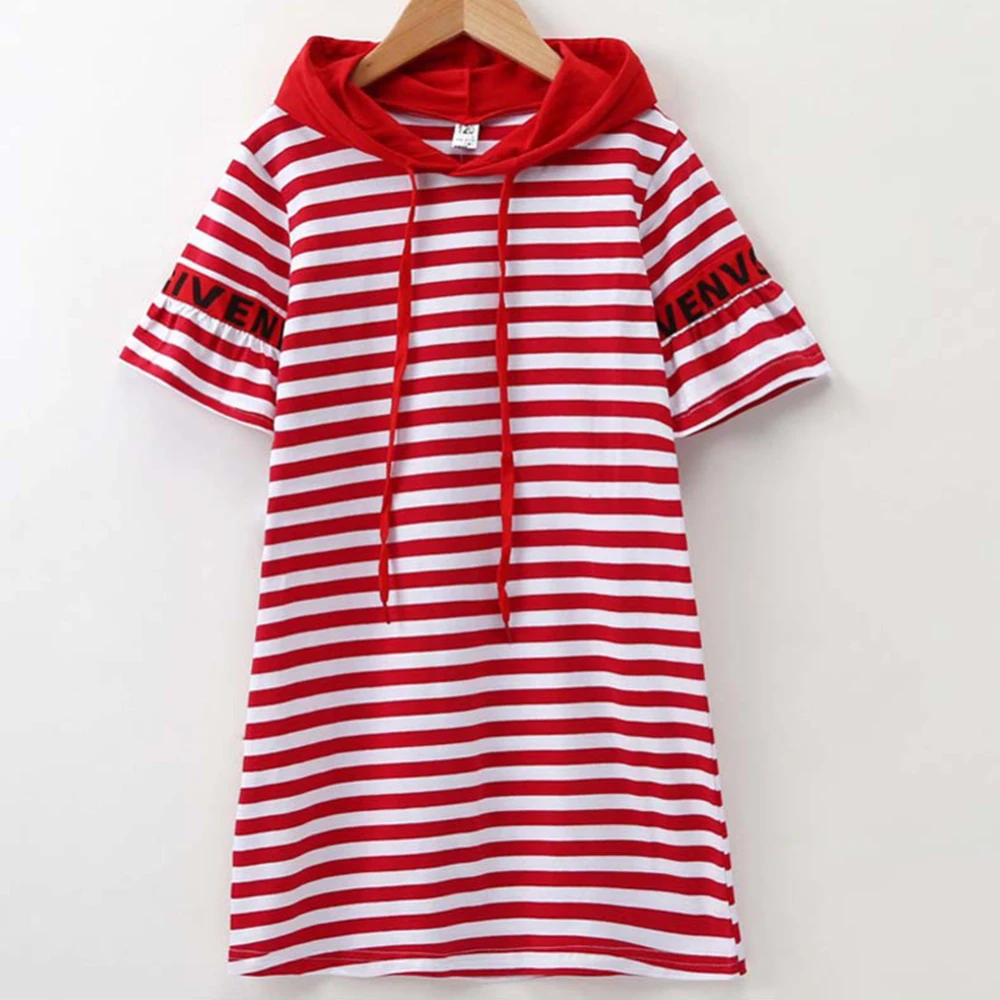 Children Girls Clothes Kids T-shirt Dress Striped Short Sleeve Hooded For Cotton Clothing Cute Outfits 4-8Y | Детская одежда и