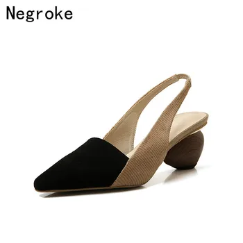 

2020 Spring Summer Women Pumps Sexy Slingback High Heels Shoes Sheepskin Pointed Toe Wedding Party Spherical Heel Sandals
