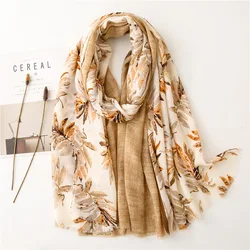 2022 Fashion Autumn lady Brand Scarf Khaki Floral Patchwork Viscose Hijab Shawls and Wraps Female Foulards Echarpe Muslim Hijab