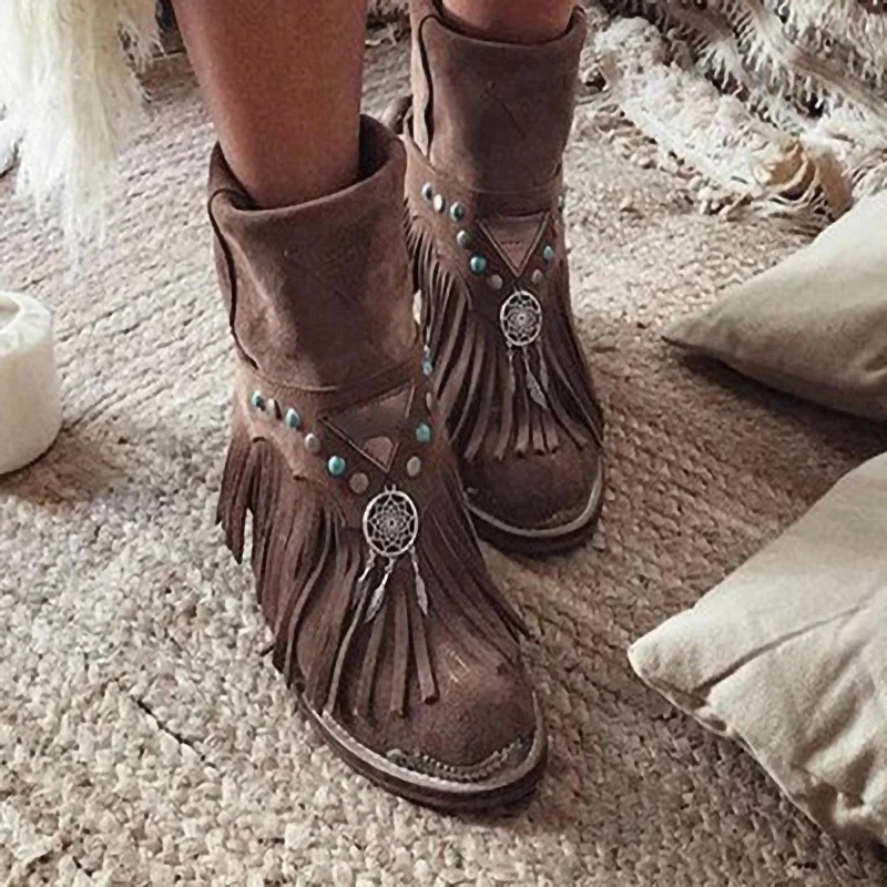 Laie con flecos para mujer, botas romanas informales de suela plana, zapatos otoño e invierno, talla grande|Botas hasta el - AliExpress