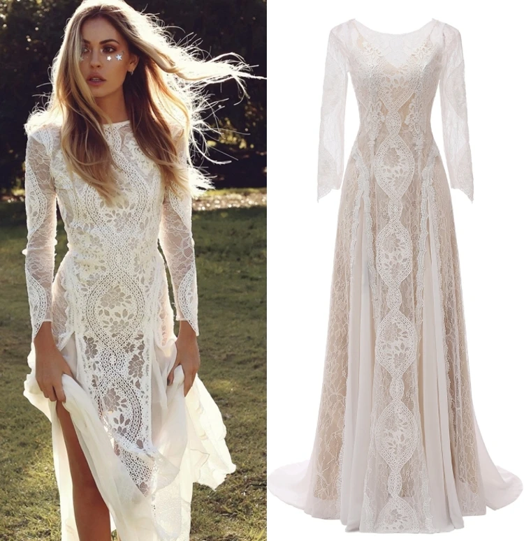 wedding gown Factory Price 100 % Real Sample Photo Long Sleeve Backless O-Neck Lace Boho Bohemian  Beach Wedding Dress Bridal Gown wedding gown