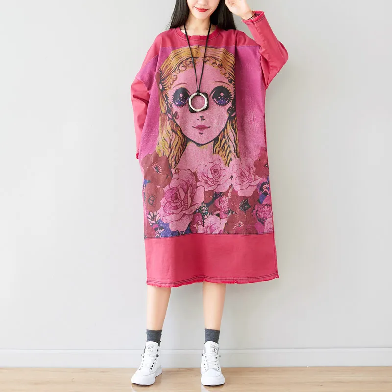 

Japan style Cartoon Printed Dress Female Cute Plus Size Knitted cowboy Bat Sleeve Maxi Dress Oversized Baggy Long Pullovers