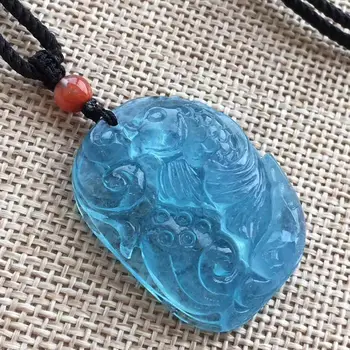 

Genuine Natural Blue Ice Aquamarine Clear Bead Pendant Women Love Fish Carved Gift 35x25x12mm Fashion Necklace Jewelry AAAAA