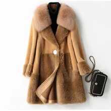 Осень Зима Новая женская куртка с натуральным овечьим мехом воротник из натурального Лисьего меха пальто женское длинное пальто уличная одежда