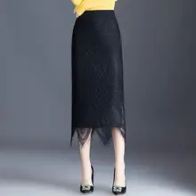 Осенне-зимние женские трикотажные юбки-карандаш, эластичные вязаные юбки миди, повседневные Элегантные Лоскутные кружевные юбки-свитера