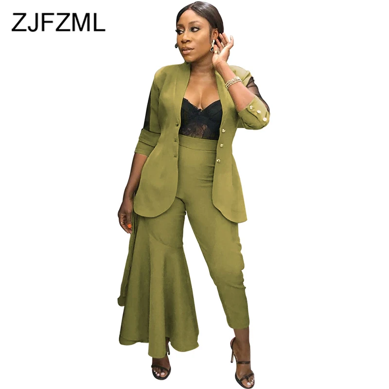 

Solid Sexy 2 Piece Autumn Set Women Clothes 2019 Mesh Splice Sleeve Buttons Up Long Blazer and Ruffles Flare Pants Matching Sets