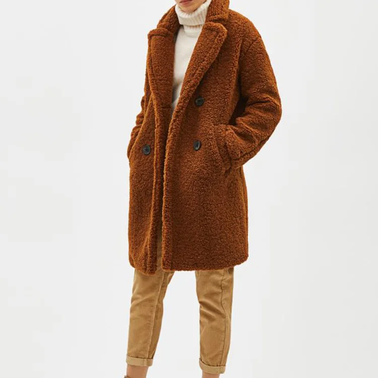 

Overplus of Goods Exported to Europe And us y Women's New Style Western Style Camel Artificial Shearing Double Breasted Overcoat