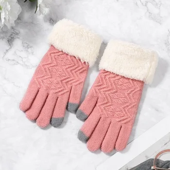 

Women Knitted Gloves Touch Screen Female Thicken Mittens Winter Warm Ladies Full Finger Soft Gloves