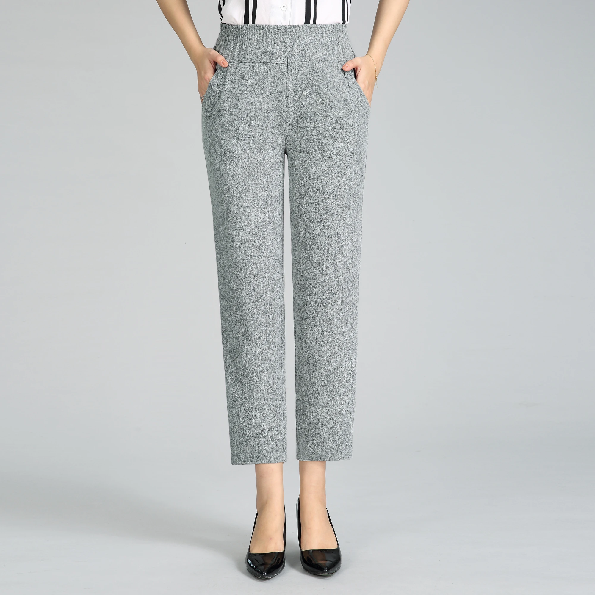 

Mature Women Elegant Cotton and Linen Pants Gray Black Beige High Elastic Waist Side Pockets Trousers Female Plus Size Bottoms