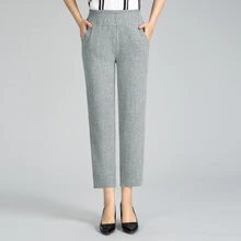Mature Women Elegant Cotton and Linen Pants Gray Black Beige High Elastic Waist Side Pockets Trousers Female Plus Size Bottoms