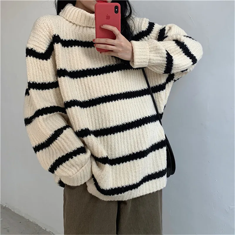 

Sweater Women 2020 Autumn Winter Sweater Fashion Korean Style Clothing Women's Turtleneck Pullover Knitwear Striped Women's Top
