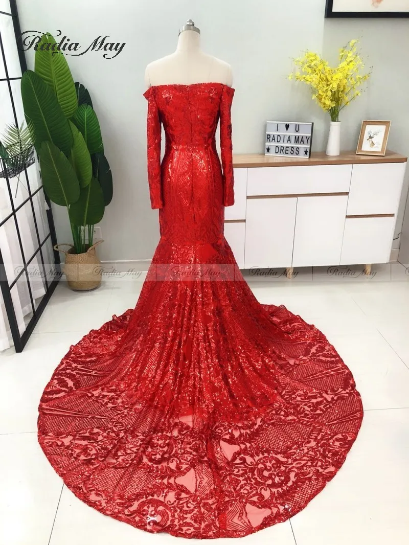 Elegant Off Shoulder Red Long Sleeves Mermaid Prom Dresses 2k19 Sparkly Sequin African Plus Size Formal Gowns Graduation Dress