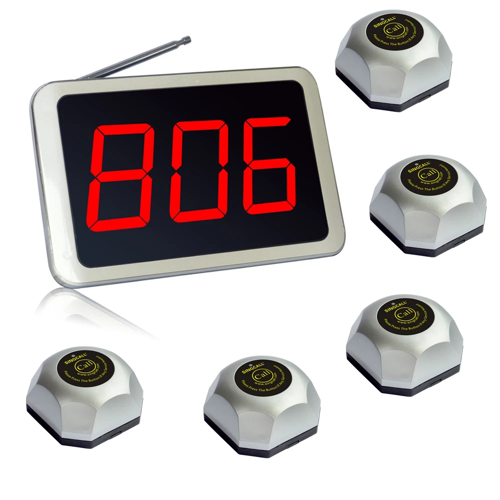 SINGCALL Restaurant, Coffee Shop, Hospital Calling System, 1 Fixed Receiver with 5 Wireless Calling Single Buttons