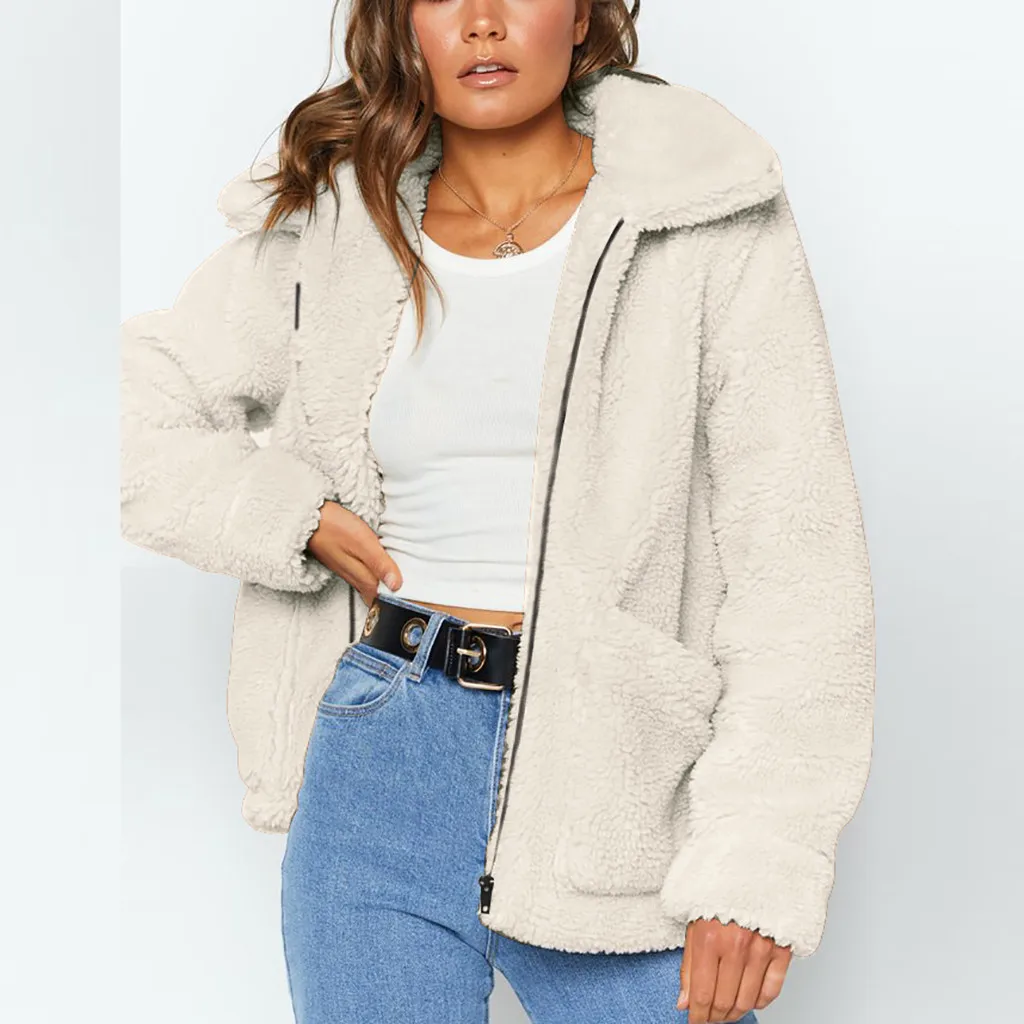 

2019 Winter Women Casual Zipper Fluffy Long Sleeve Jacket Turn-down Collar Ladies soft Warm Outerwear Cardigan Teddy Plush Coat