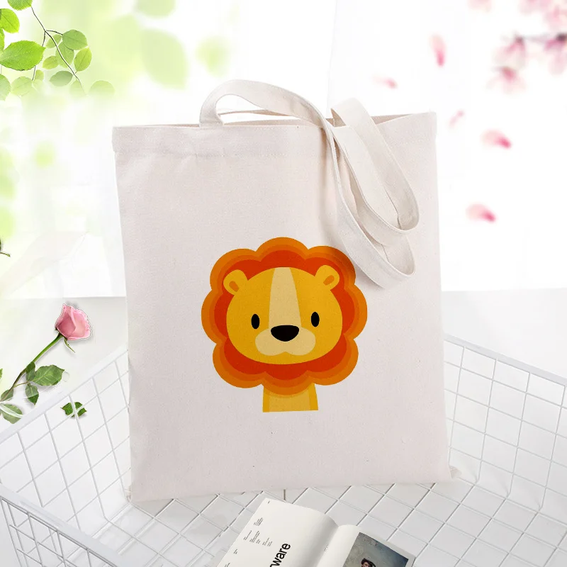 

Shopping Bag Cute Animals Pattern Canvas Tote Bag Handbag Daily Use Text DIY Custom Print Logo Eco Reusable Recycle