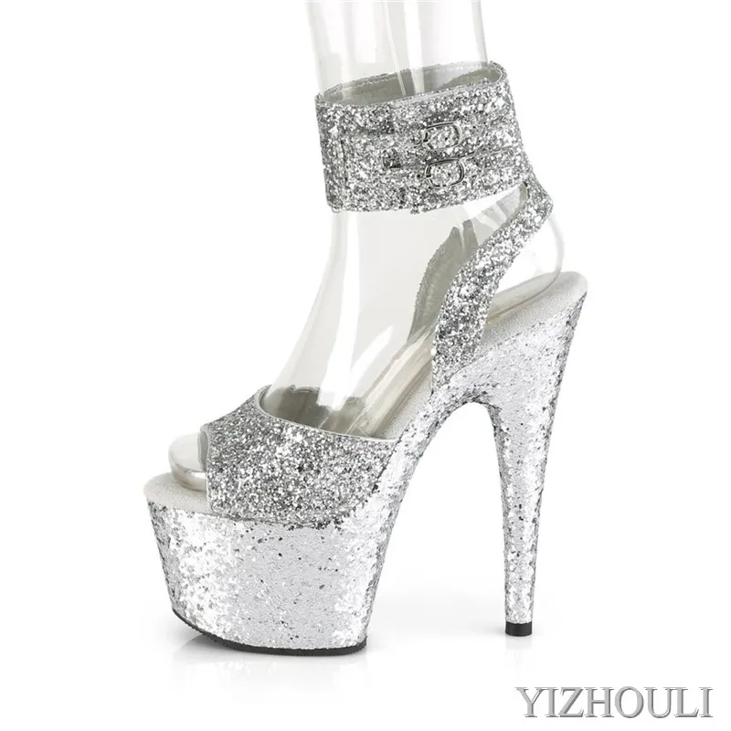 7 inches, sexy sequined fabric sandals, 17 cm heels for stage parties, nightclub pole dancing exercises, dancing shoes
