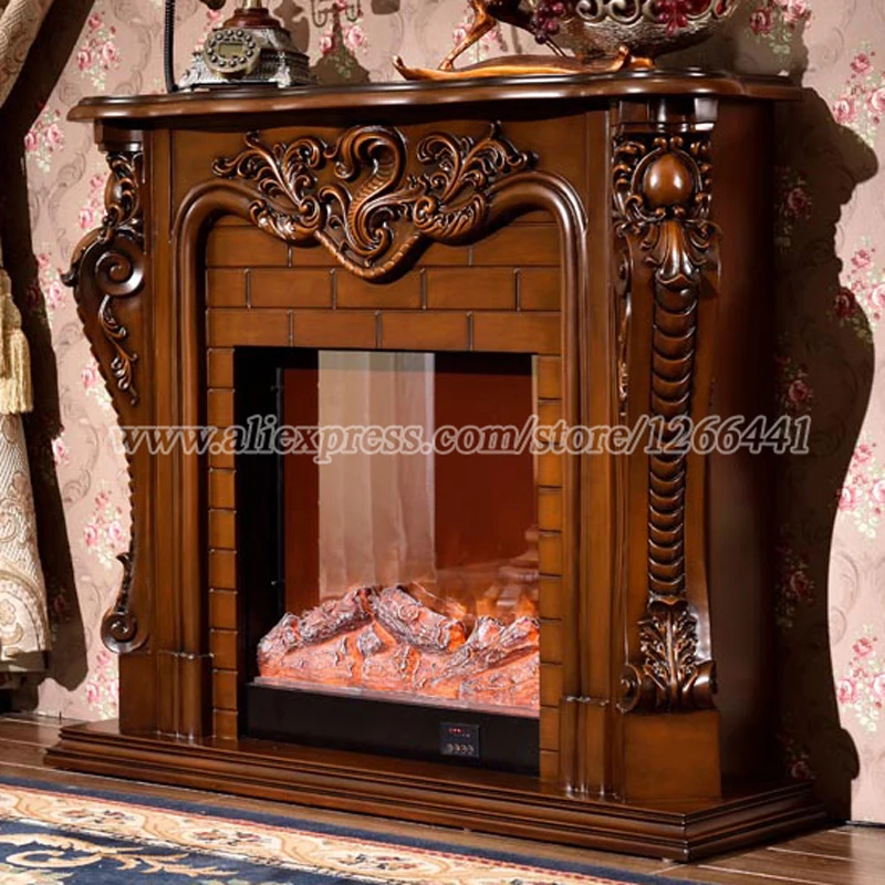 Fireplace Set W150cm European Style Chimneypiece Solid Wooden Mantel Plus Electric Firebox Insert Living Room Decor Heater