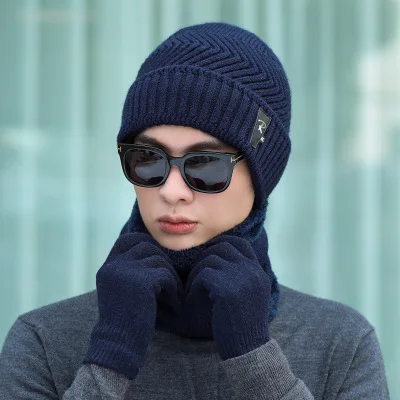 Новая зимняя вязаная шапочка шапка шарф перчатки Наборы для мужчин и женщин шапки шарф унисекс утолщенные плюс вельветовые кепки шарф наборы перчаток - Color: Navy