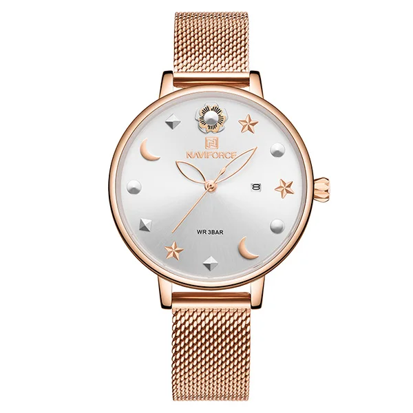NAVIFORCE женские часы водонепроницаемые Топ брендовые Роскошные модные Moon Star дизайнерский кожаный браслет женские наручные часы женские подарки - Цвет: Rose Gold White No Box