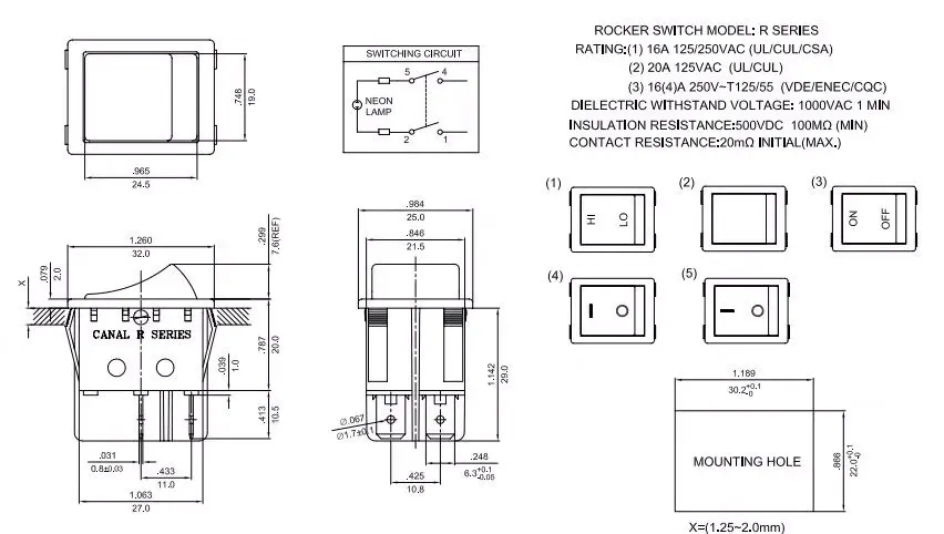 rocker switch R210-1C5L-BR R210-1C5L-BG 4pin 16A250V125VAC 3225 red green lamp warping switch