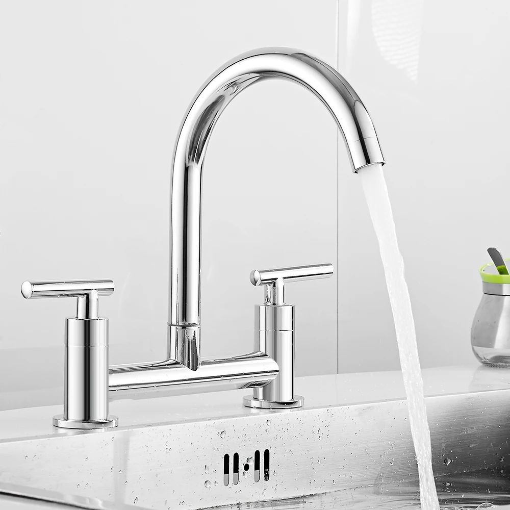 

UK Standard Kitchen Faucet Dual Handle Dual Holes Cold Hot Water Mixer Tap 360 Rotation Kitchen Faucets Water Purification Tap