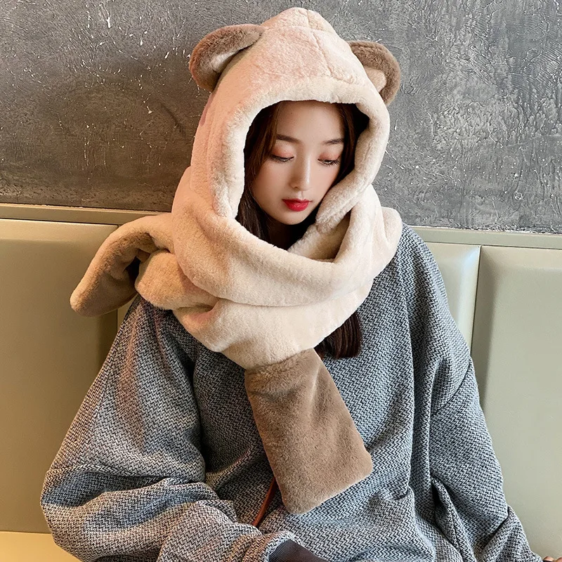 

2020 New Winter Women Novelty Caps Warm Cute Bear Ear Hat Casual Plush Hat Scarf Gloves Set Casual Solid Fleece Women Caps